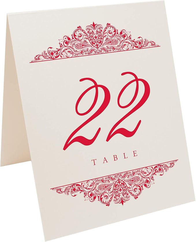 Paisley Wedding Table Numbers (Select Color/Quantity), Champagne, Ruby Red, 1-45, Double Sided, Tent or Use in a Stand, Great for Parties & Restaurants - Made in the USA