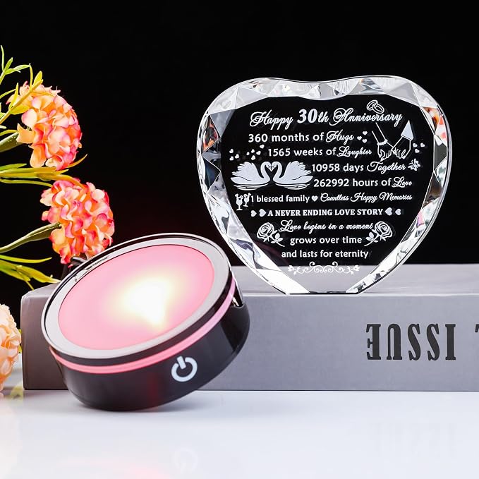 YWHL 30th Anniversary Crystal Heart Gifts for Couples Parents, Laser Engraved Romantic 30 Year Wedding Anniversary Crystal Keepsake Gifts for Wife Husband, 30 Years of Marriage Gift for Her Him