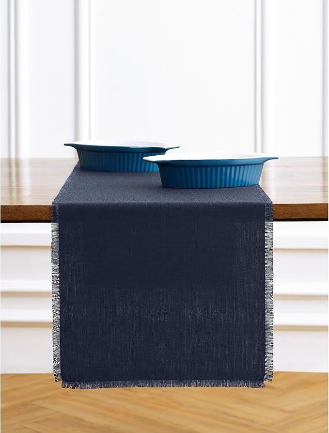 Solino Home Linen Navy Blue Table Runner 120 Inches Long - Fringe, 100% Pure Linen 14 x 120 Inch Table Runner for Mothers Day, Memorial Day