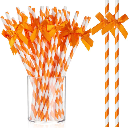 100 Pcs Fall Orange Paper Bow Straws for Drinking, Halloween Disposable Striped Paper Straws Bulk Autumn Theme Birthday Party Supplies for Wedding Cake Decorations Bachelorette Bridal Shower