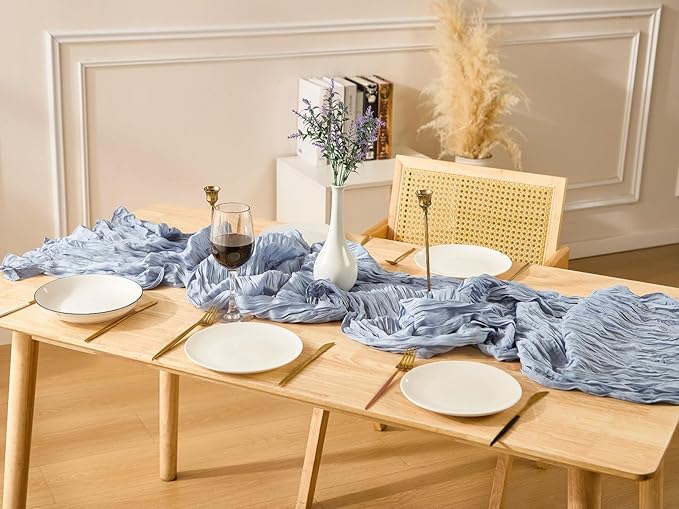 3 Pack Dusty Blue Spring Table Runner Boho Cheesecloth Table Runners Bulk 10 ft Gauze Sheer Mother's Day Table Centerpieces for Wedding Ceremony Anniversary Bridal Baby Shower Banquet