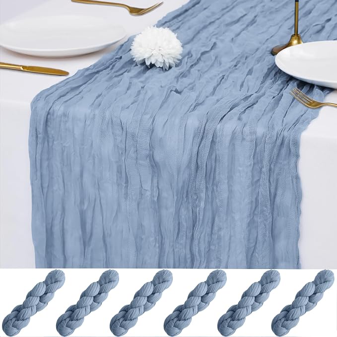 6 Pack Dusty Blue Cheesecloth Table Runner 21x120 Inches, Boho Gauze Rustic Semi Sheer Cheese Cloth Table Runners for Easter Wedding Bridal Baby Shower, Birthday Party, Long Farmhouse Table Decor
