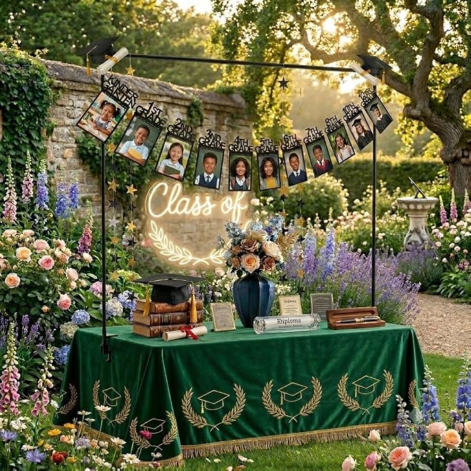 Over The Table Rod Stand with K-12 Graduation Photo Banner, Adjustable Heavy Duty Metal Table Balloon Arch Stand with Clamps Kindergarten to 12th Grade 4x6 Picture Display for High School Graduation