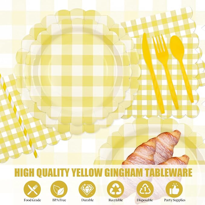 400PCS Yellow Gingham Party Supplies, Scalloped Disposable Tableware Set Includes Paper Plates Napkins Cups Straws Forks Knives Spoons for Baby Shower Birthday Wedding Decorations, Serve 50