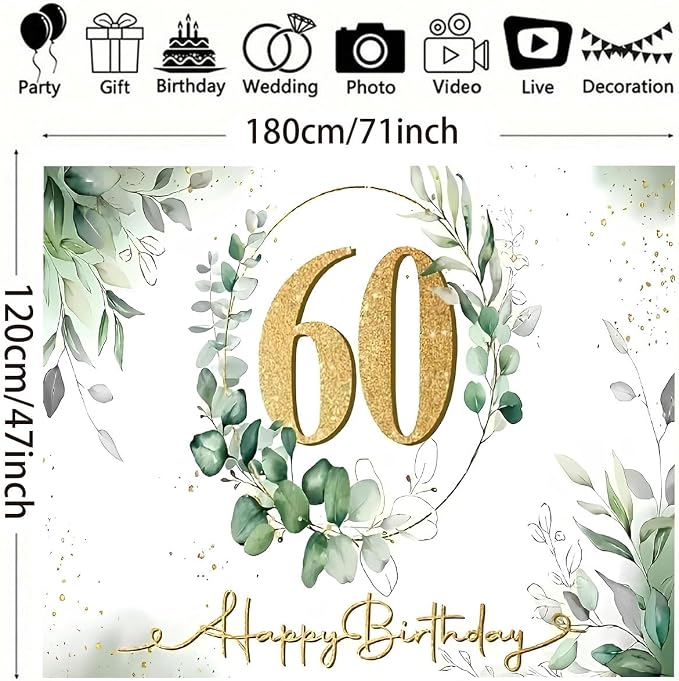 Happy 60th Birthday Backdrop Gold 60th Sign Design Eucalyptus Olive Green Birthday Decorations Gold Dots Greenery Succulent Background for Women Men Birthday Supplies (C, 6X4FT)