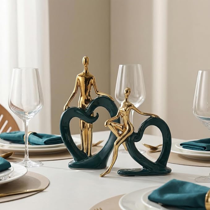 Ceramic Statues Aesthetic Abstract Couple and Heart Sculpture Modern Home Decor Decorative Statue for Living Room Bedroom Bookshelf Table Centerpiece Office (Green and Gold)