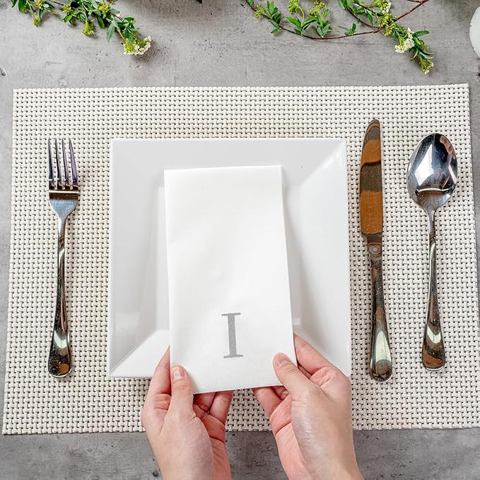 Luxenap 15.8 X 7.9 Inch Linen-Feel Guest Towels, 50 Lettered Hand Towels - Silver Letter 'I', Sans Serif Font, White Paper Dinner Napkins, airlaid, For Restrooms And Tables - Restaurantware