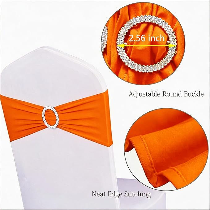 Pack of 50 Wedding Burnt Orange Chair Sashes, Elastic Chair Bands with Buckle Slider, Chair Bows for Wedding Decorations, Without White Chair Covers (Orange)