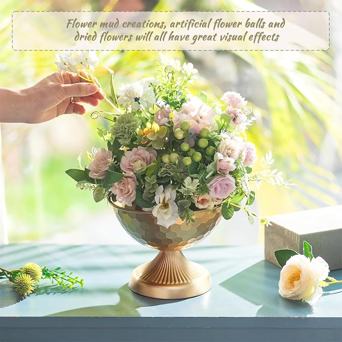 Gold Metal Urn Vases 10 Pcs - 7.5 Inch Vintage Hammered Pedestal Flower pots Bulk for Wedding Centerpieces, Elegant Floral Arrangement Vase Decor, Anniversary Party Home Decoration