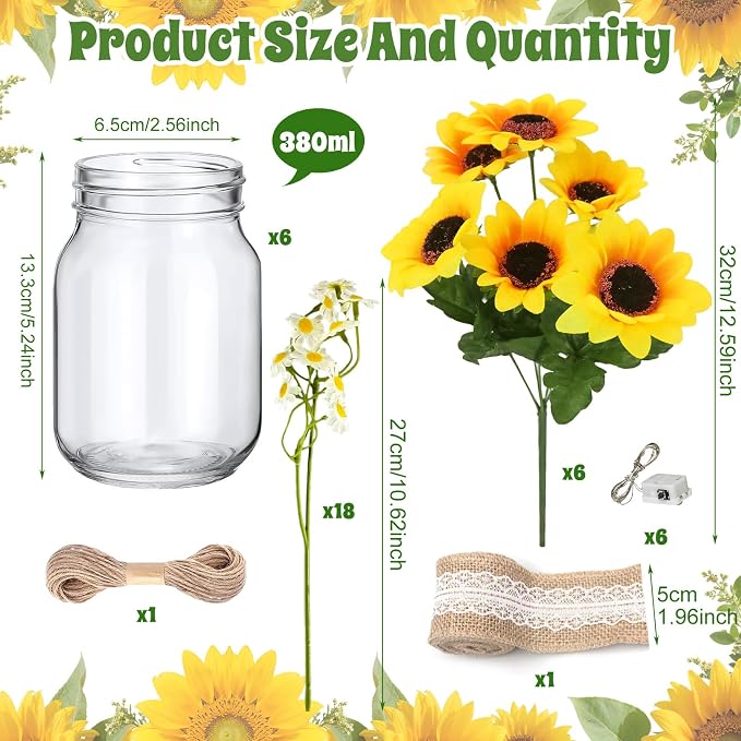 Cinrobiye 6 Sets Sunflower Mason Jar Table Centerpiece Faux Floral with Rope Boho Rustic Flower Mason Jar Vases Reception with Accessories for Engagement Party Bridal Baby Shower Wedding Table Decor