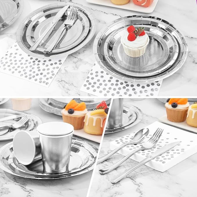 Silver Plates Party Supplies Disposable Dinnerware Set,168pcs Silver Paper Plates and Napkins for Graduation Holiday Disco Birthday Party Decorations Serves 24