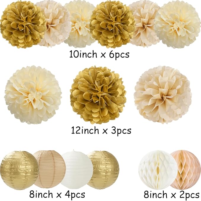 Gold White Champagne Beige Paper Flowers Tissue Pom Poms Honeycomb Lanterns 15pcs Party Decorations Engagement Birthday Wedding Baby Bridal Shower Hanging Supplies Mprocherify