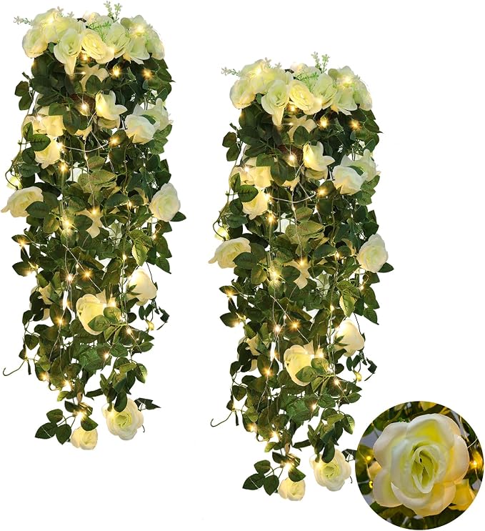 RECUTMS Artificial White Rose Hanging Flower Plants, 2PCS 37 Inch Fake Floral Ivy Garland with 30 LED Fairy String Lights for Outdoors Home Room Garden Wedding Memorial Day Bridal Shower Indoor Decor