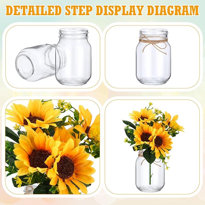 XunYee 10 Set Mason Jar Table Centerpiece with Flower Mason Jar Flower Centerpiece Vases Decor for Engagement Party Bridal Shower Wedding Reception Table Decor(Orange,Sunflower)