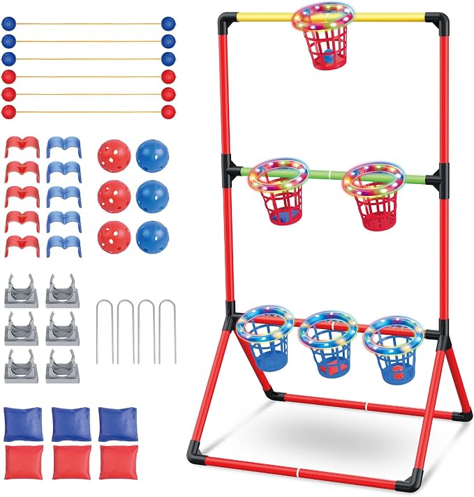 Backyard Lawn Games for Adults Kids - 3-in-1 Yard Pong with 6 Light Up Basket, Ladder Ball and Bean Bag Toss Game - Outdoor Yard Tailgate Game for Family Parties