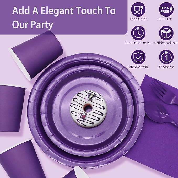 Purple Paper Plates Party Supplies,168pcs Purple Plates and Cups and Napkins Set for Mardi Gras Birthday Decorations Disposable Dinnerware Sets for Women Serve 24