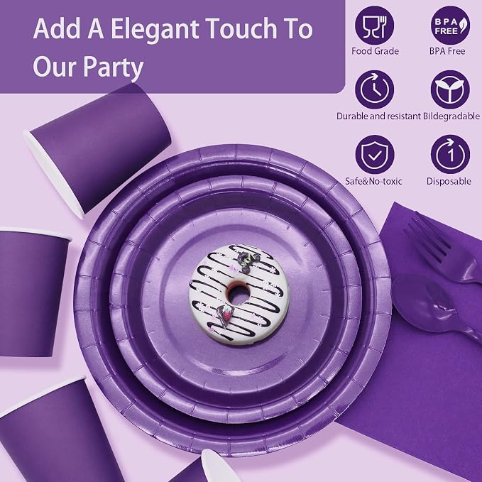 Purple Paper Plates Party Supplies,168pcs Purple Plates and Cups and Napkins Set for Mardi Gras Birthday Decorations Disposable Dinnerware Sets for Girls Birthday, Wedding,Halloween Serve 24