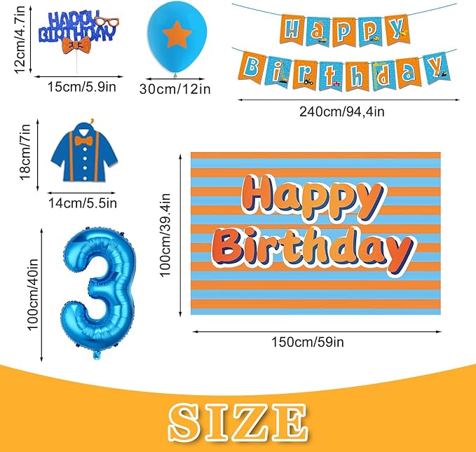 Cartoon Teacher Theme Party Supplies, 3rd Birthday Party Decorations for Boys Girls, Blue and Orange Theme with Number 2 Balloon, Backdrop, Banner, Balloons, Cake Topper, Hanging Swirl Party Supplies