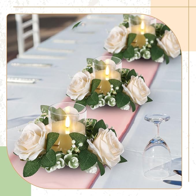 Yunlly 20 Pcs Rose Candle Rings with Flameless Candles Sets, Artificial Flower Eucalyptus Wedding Centerpiece 3 Inch Pillar Candleholders Wreaths for Wedding Party Mother's Day (Champagne)
