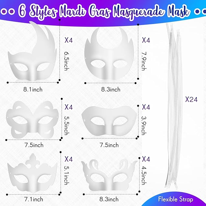 Leyndo 24 Pcs Paper Mache Masks Half Face White Masquerade Mask DIY Blank Mardi Gras Halloween Cosplay Party (Stylish Style)