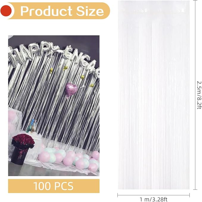 100 Pack White Foil Fringe Backdrop Curtains 3.2ft x 8.2ft Tinsel Foil Fringe Curtains for Birthday Party Decorations Photo Booth Backdrop for Halloween Christmas New Year Holiday Decorations