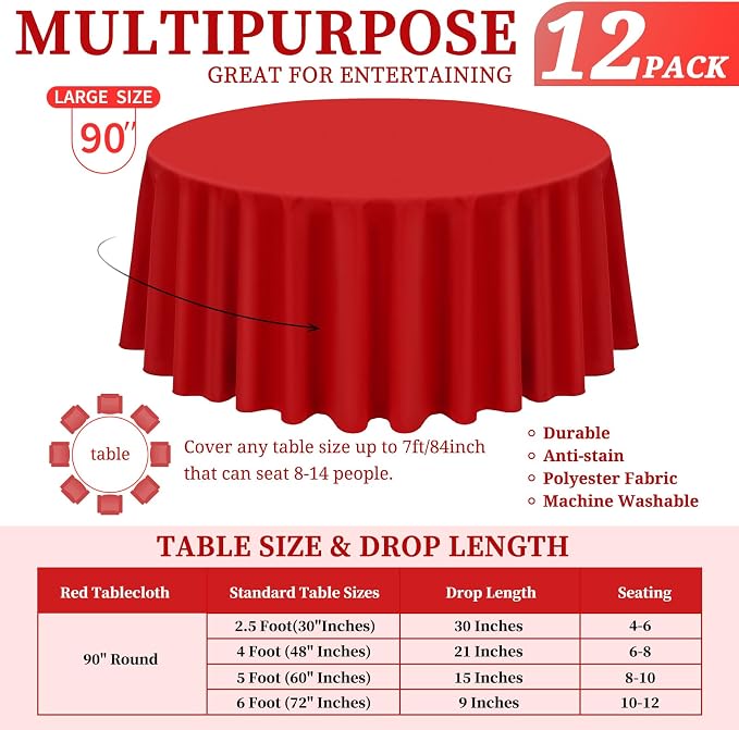 Showgeous 12 Pack Red Round Tablecloth - 90 Inch Washable Polyester Tablecloths for Round Tables - Wrinkle Resistant Decorative Fabric Table Cover for Dining, Wedding, Party, Banquet