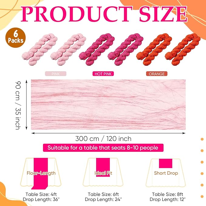 6 Pcs Pink Orange Sunset Party Decorations Table Runner Cloth Summer Boho Gauze Cheese Cloth Runner 118" Rustic Table Decor for Wedding Birthday Party Baby Bridal Shower Tequila Decor