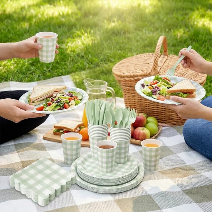 LINHAXM 175 Pcs Sage Green Gingham Party Supplies, Green Gingham Paper Plates, Cups, Napkins, Cutlery for Wedding Bridal Showe Birthday Baby Shower Party Decorations, Serves 25