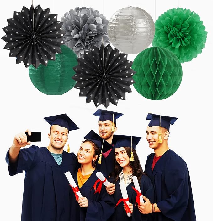 Black-Green Silver Party-Decorations Streamers Lanterns - 14pcs Graduation 2026 Paper Lanterns Fan,Tissue Pom Poms Streamer,Honeycomb Balls,Soccer Supplies Men Boys Birthday Baby Shower Decor Ouruola