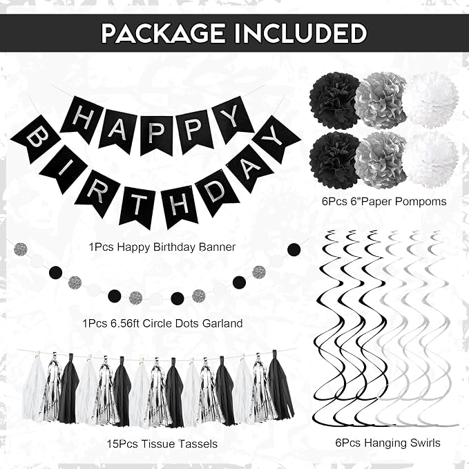 Black and White Birthday Party Decorations, Black Metallic Silver Confetti Balloons Happy Birthday Banner Fringe Curtains Hanging Swirls Circle Dots Paper Tassels Pompoms for Men Boys Party Supplies