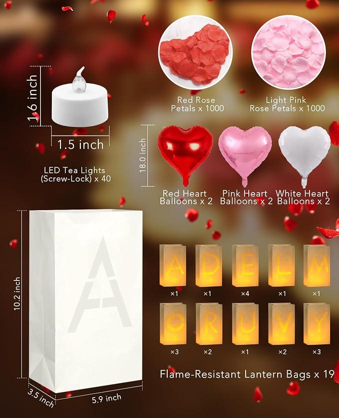 AceList Romantic Anniversary Decorations Set - Love You More Every Day 19 Pcs Luminary Bags with 40 LED Tea Lights, 2000 Rose Petals & 6 Heart Balloons - Light Up Letters Kit for Proposal