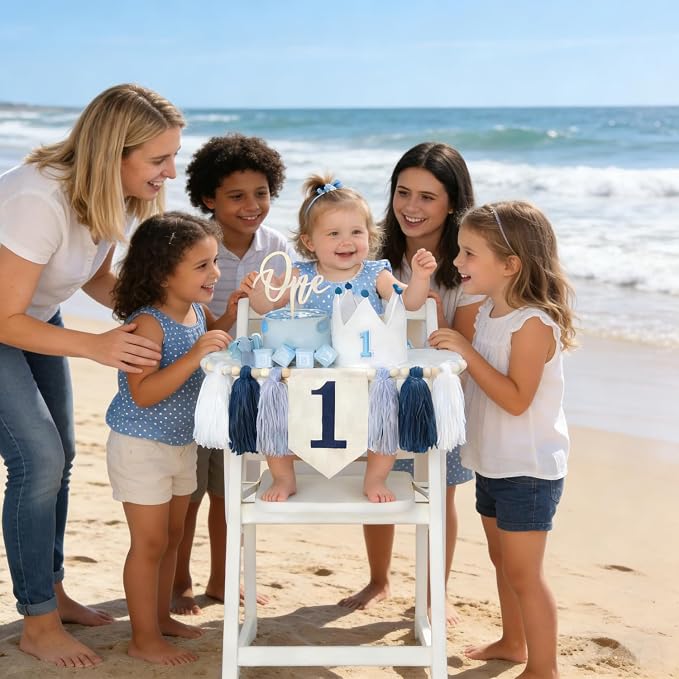 Navy Blue 1st Birthday Decorations for Boy -high chair banner first birthday boy Felt Happy Birthday Banner，birthday cake topper & Crown Hat,All-in-one First Birthday Decor Kit for Baby Boy