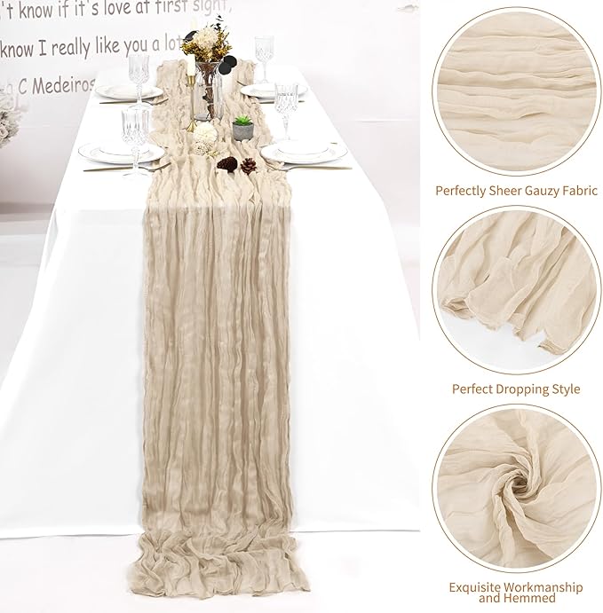 16 Pack Beige Cheesecloth Table Runner 120 Inch 10FT Spring Boho Rustic Sheer Gauze Cheese Cloth Table Runner for Wedding Baby Shower Birthday Party Table Decor