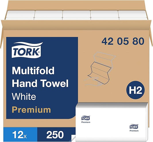 Tork Multifold Hand Towel White, Premium Quality, 250 Towels per Pack, 12 Packs, Fits H2 Towel Dispensers