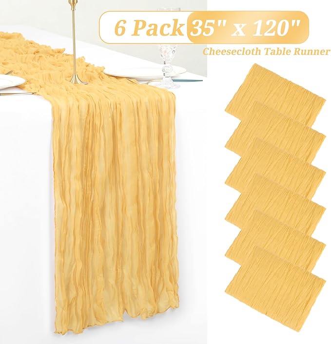 Showgeous 6 Pack Sand Cheesecloth Table Runner Gauze Table Runner 10FT Long Semi-Sheer Table Runner Boho or Rustic Wedding Table Decor for Wedding Decor Arch Draping Bridal Shower Holiday Party