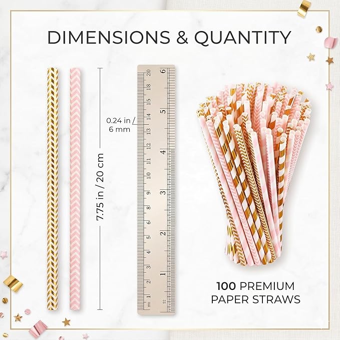 ALINK Biodegradable Paper Straws, 100 Pink and Gold Straws for Party Supplies, Birthday, Wedding, Bridal/Baby Shower, Christmas Decorations and Holiday Celebrations
