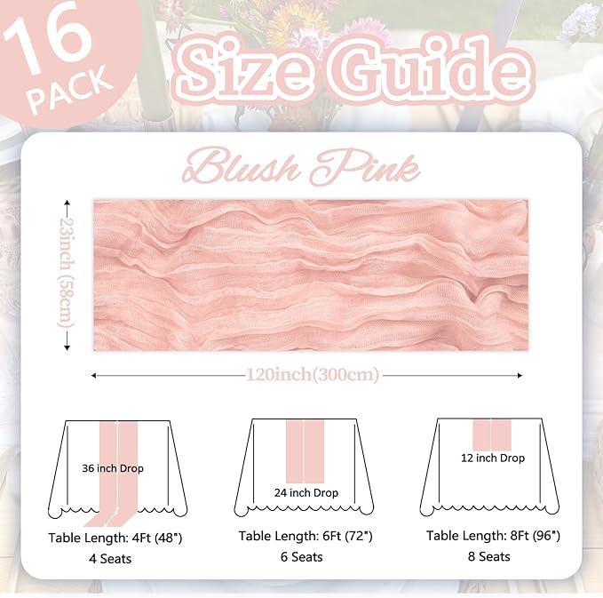 16 Pack Blush Pink Cheesecloth Table Runner 10ft Boho Gauze Fabric 120 Inch Cheese Cloth Table Runner Rustic Sheer for Holiday Baby Shower Party Décor Home Wedding Decoration