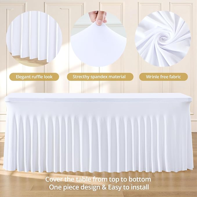 2 Pack 8ft White Spandex Tablecloths for Rectangle Tables Wrinkle Free White Rectangle Table Cloth Stretch Fitted 8 foot Table Cover with Skirt for Wedding Birthday Party Banquet Baby Shower Buffet