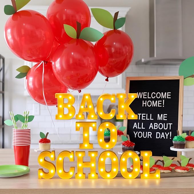 Honoson 12 Pcs Back to School Decoration LED Letter Lights Sign Neon Marquee Lights First Day of School Table Decoration for Classroom Office Desktop Decor