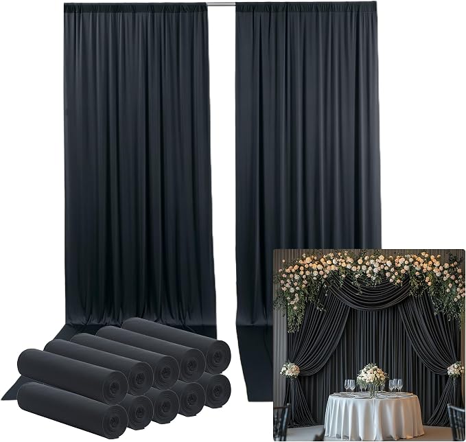 50ftx14FT Wrinkle Free Black Backdrop Curtain, 10 Panels 14FT Height Black Wedding Backdrop Drapes, Silky Polyester Back Drop Cloth for Birthday Photography Background Party Backdrop Draping
