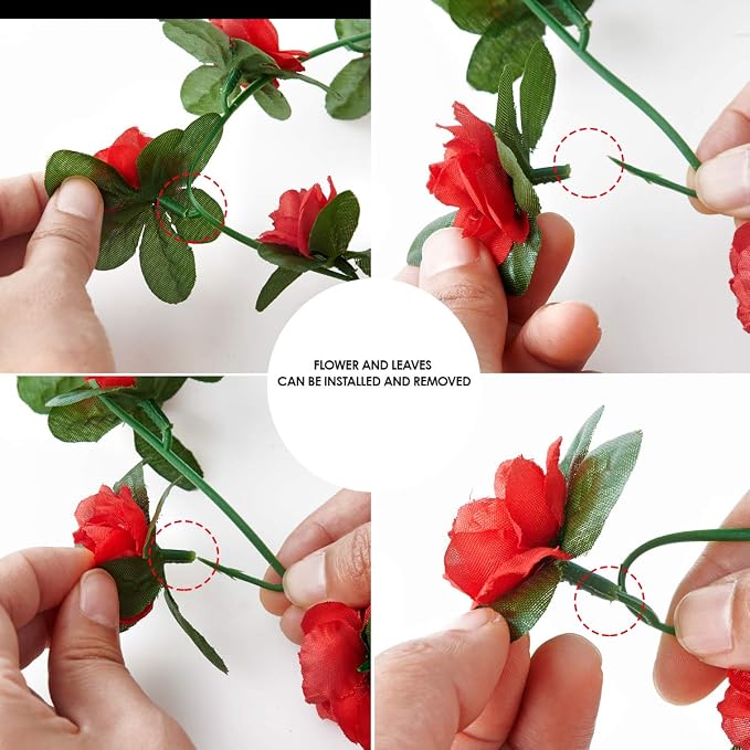 PONKING 6 Pcs x 8.2 ft Flower Garland Artificial Rose Vine Flowers with Green Leaves Hanging Fake Roses Vine for Room Party Home Wedding Birthday Christmas Wall Arch Decor, Spring Red Flower