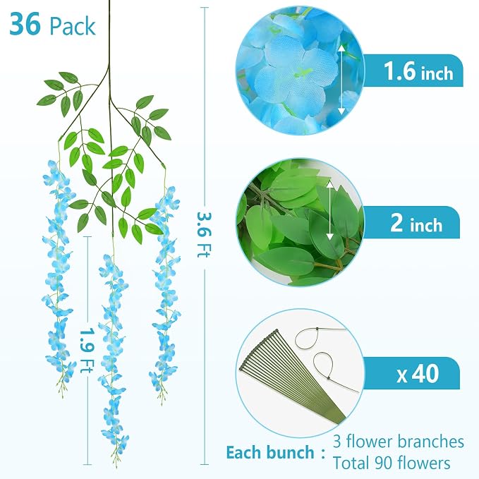 BLEUM CADE 36Pcs Blue Fake Wisteria Hanging Flowers, 3.6Ft/Pcs Artificial Wisteria Garland, Hanging Flowers for Wedding Party Home Backdrop Wall Decoration