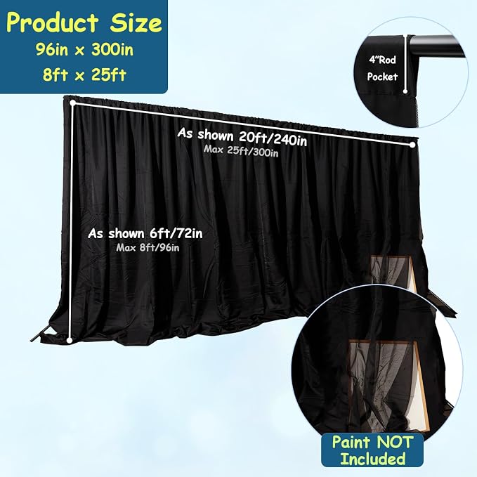 Extra Wide Two Layers One Piece Trade Show Booth Backdrop, Black, 25x8ft | Chiffon Tulle & Polyester, Extra Wide Blackout Curtains, Theatrical Backdrops