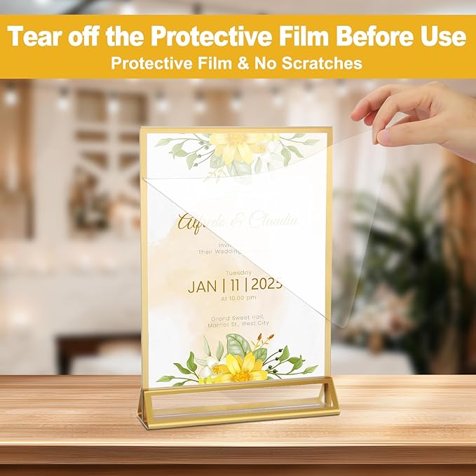 EHWINE 26 Pack 5×7 Clear Acrylic Sign Holder with Gold Borders and Vertical Stand, Double Sided Table Menu Holders Picture Frames for Wedding Table Numbers, Restaurant Signs, Photos and Art Display