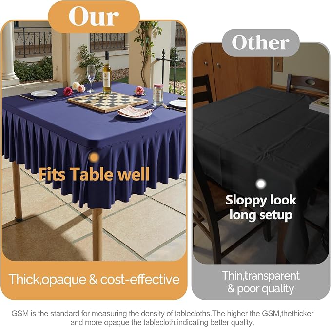 Wish Care Navy Blue Spandex Tablecloths for 54x54 Inch Square Tables, Stretch Fitted Table Clothes with Pleated Ruffle Skirt for 54” Table, Wrinkle Free and Elastic, for Party Kitchen Home Dining