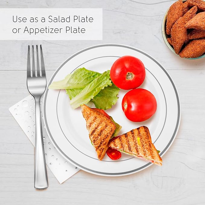 Stylish 7.5 Inch White and Silver Plastic Plates, Disposable Forks and Cocktail Napkins (100 Set), Silver Dessert Plates, Small Appetizer Plates, Disposable Cake Plates for Wedding Reception