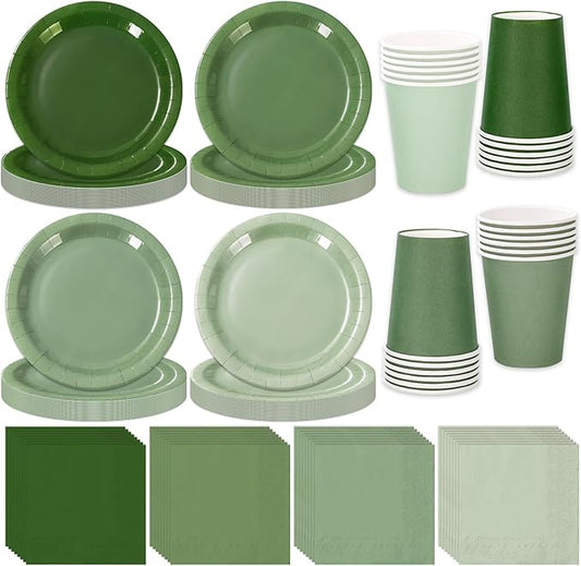 Whaline 244Pcs Sage Green Tableware Set Serves 48 Gradient Green Disposable Dinnerware 48 9" Plates 48 7" Plate 48 9oz Cups 100 Napkins for Wedding Birthday Bridal Baby Shower Graduation Party Supply