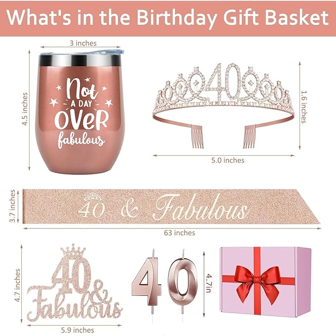 40th Birthday Decorations Gifts for Women Including Crown, Sash, Cake Topper, Candles and 12oz Wine Tumbler with Lid, 40th Birthday Gifts Women