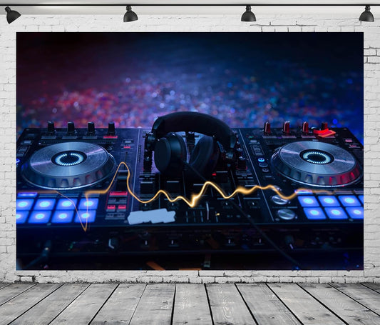 CORFOTO 12x10ft Fabric Dj Mixer with Headphones Backdrop Photography Dj Sound Equipment in Dark Background Musical Dance Disco Party Decorations Live Concert Stage Photoshoot Booth Studio Props