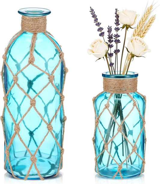 Chuangdi Set of 2 Coastal Glass Vases for Flowers TSITP Flower Vase with Boho Rope Small Sea Glass Jar Nautical Beach Bottle for Wedding Table Centerpieces Floral Arrangement Decor(Aqua Blue)